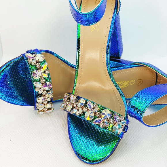 Ankle strap open toe block heel with rhinestones - Picture 1 of 3